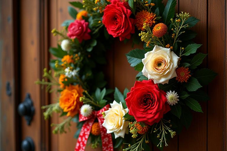 Hagyományos magyar motívumokkal díszített virágkoszorú.