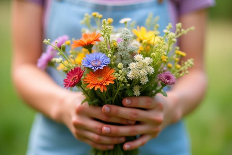 Két kéz gondosan tart egy csokor frissen szedett, helyi termesztésű vadvirágot.